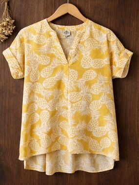 Tropical Linen Cotton Blend Pineapple Hawaiian Top Shirt Yellow Mustard Medium